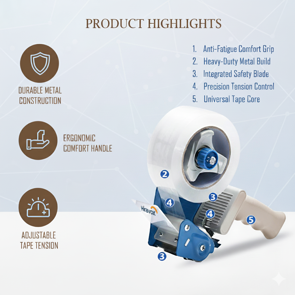 HIRAVOX HEAVY DUTY PACKING TAPE DISPENSER GUN - HANDHELD 2" WHITE & BLUE