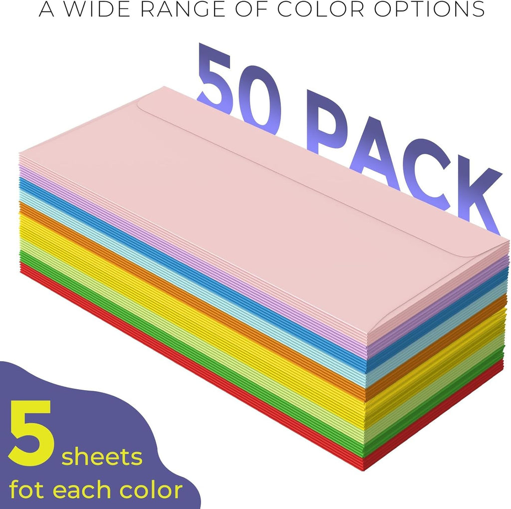 50-Pack Multi-Colored #10 Envelopes with Secure Self-Seal
