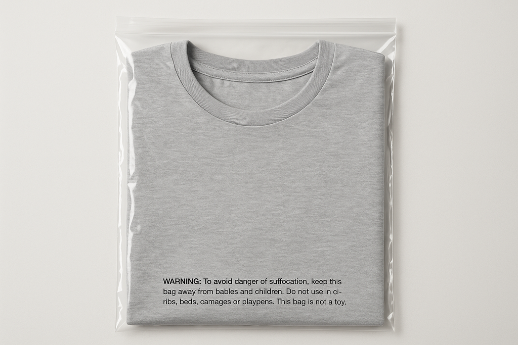 clear poly bag with small font suffocation warning and a T-shirt inside