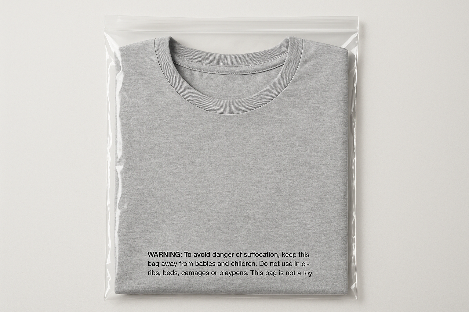 clear poly bag with small font suffocation warning and a T-shirt inside