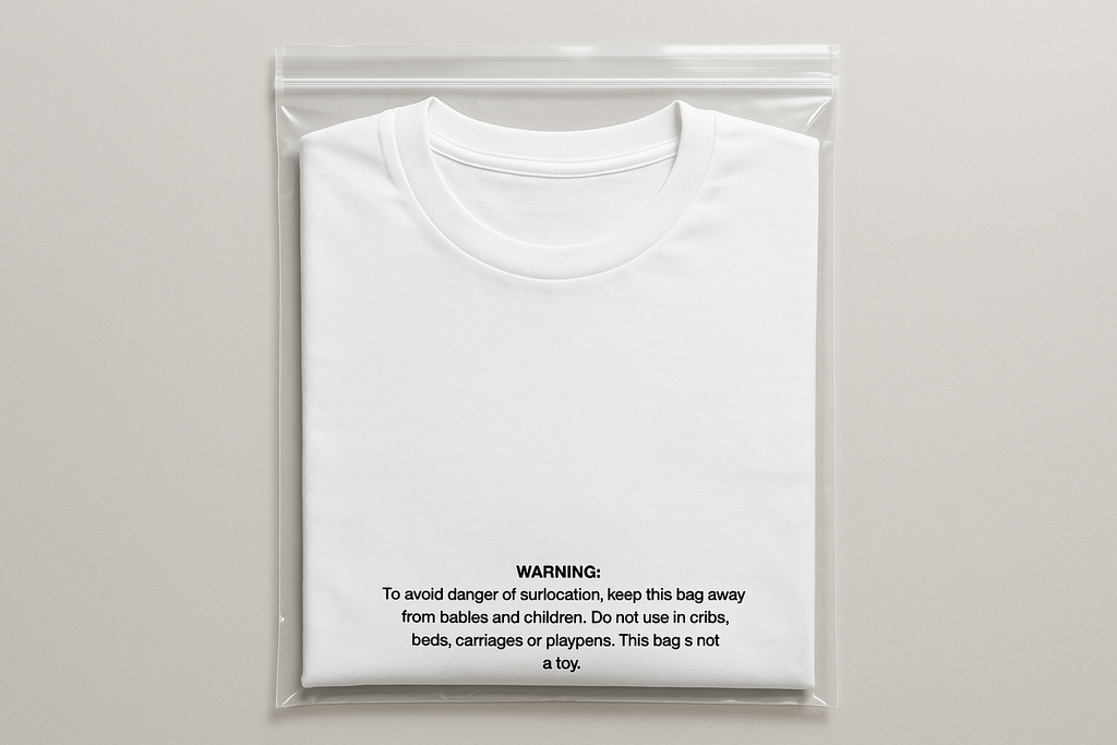 clear. resealable poly bag with small print suffocation warning with white T-shirt inside