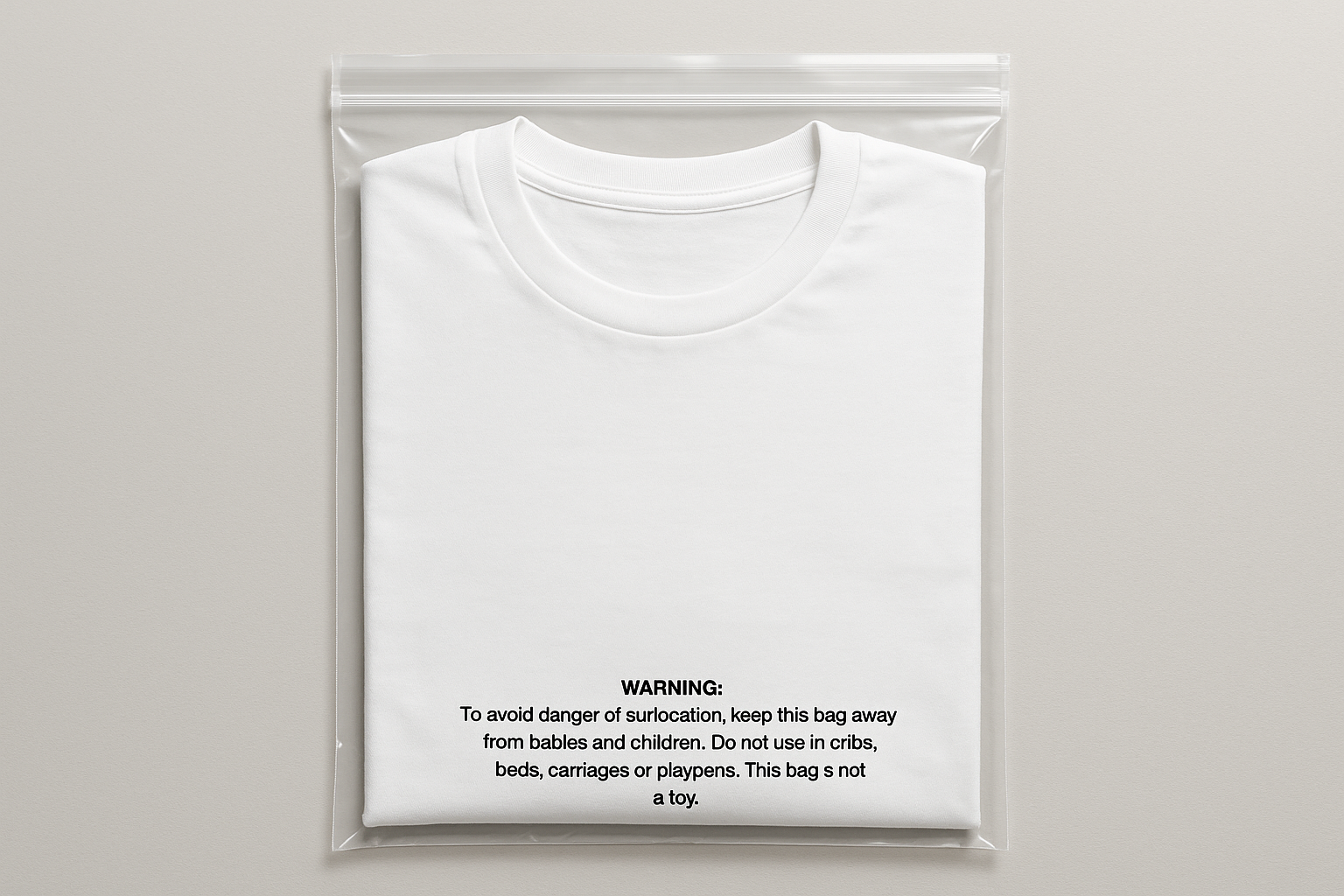 clear. resealable poly bag with small print suffocation warning with white T-shirt inside