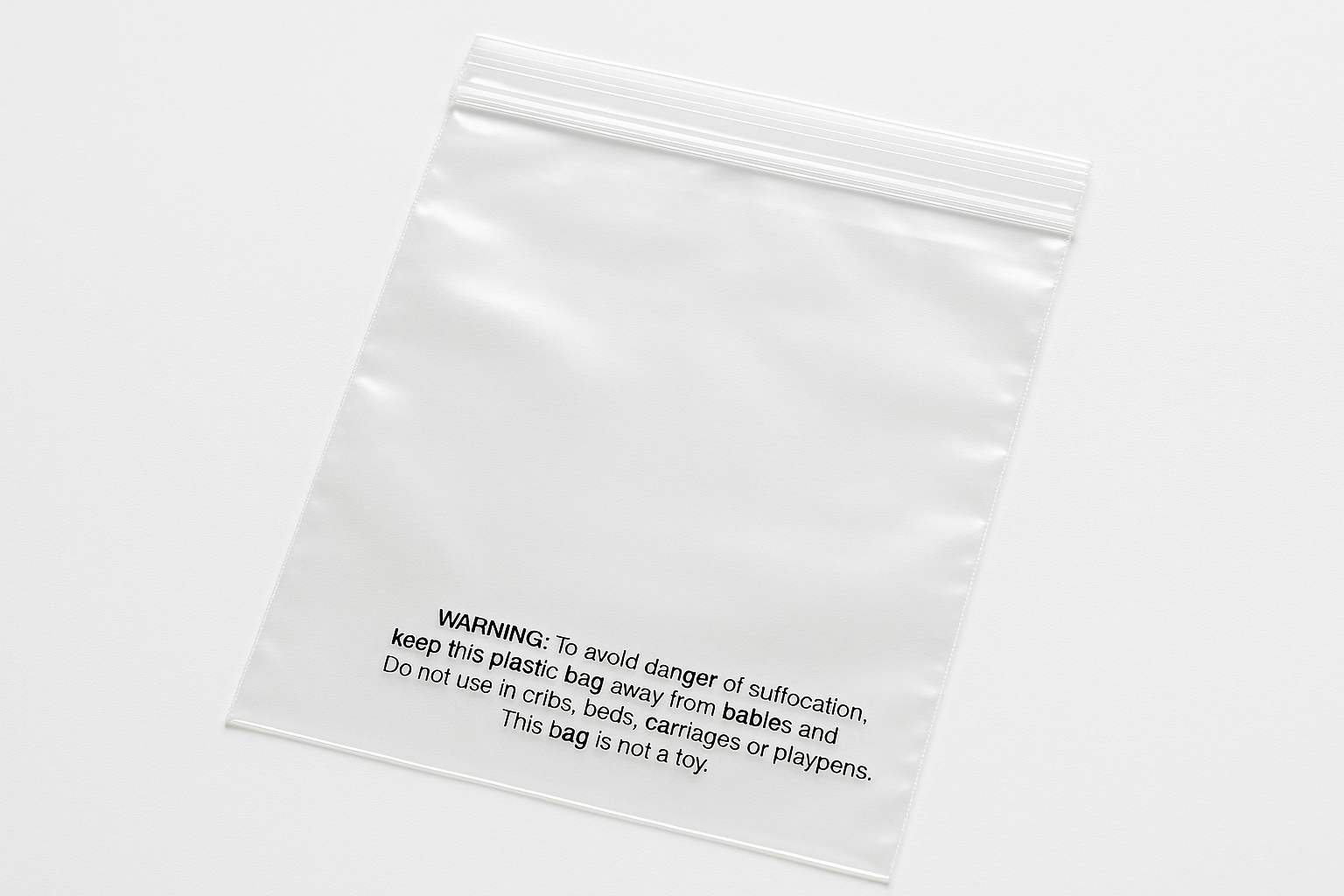 resealable clear poly bag with small print suffocation warning